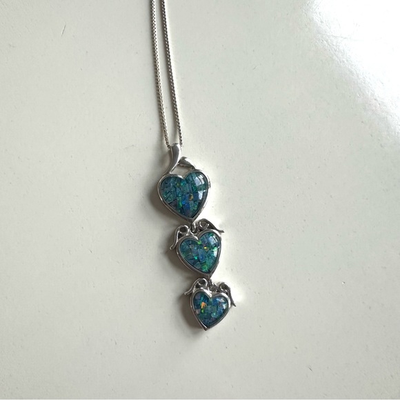 Silver Heart Pendant Necklace with mosaic opal  hearts - Picture 2 of 6